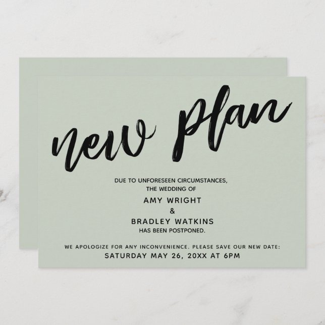 Sage Postponed Wedding Announcement New Plan Card (Front/Back)