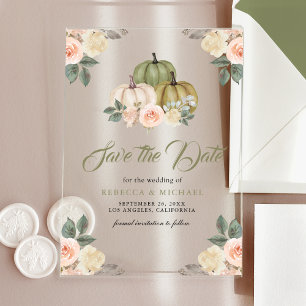 Sage Pumpkin Peach Floral Wedding Save the Date Acrylic Invitations