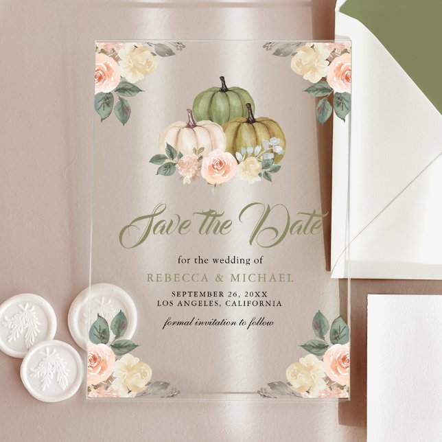 Sage Pumpkin Peach Floral Wedding Save the Date Acrylic Invitations (Creator Uploaded)