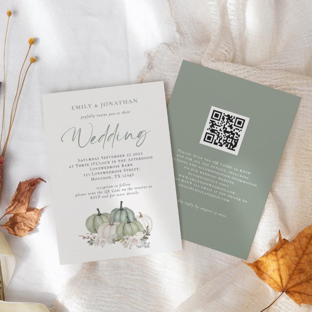 Sage Pumpkins Floral QR Code Wedding Invitation (Creator Uploaded)