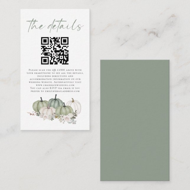 Sage Pumpkins Florals QR Code Wedding Details Enclosure Card (Front/Back)