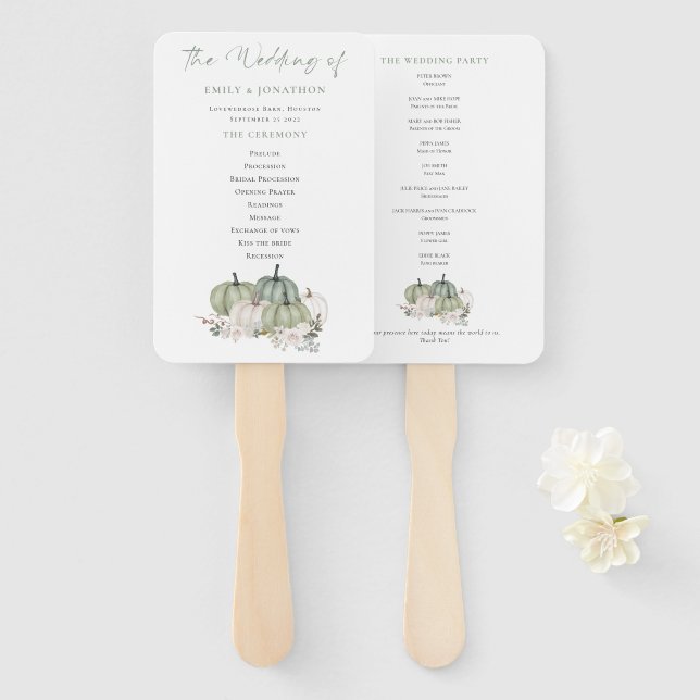Sage Pumpkins Florals Wedding Program Hand Fan (Front and Back)