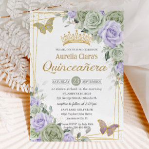 Sage Purple Floral Butterflies Gold Quinceanera Invitation