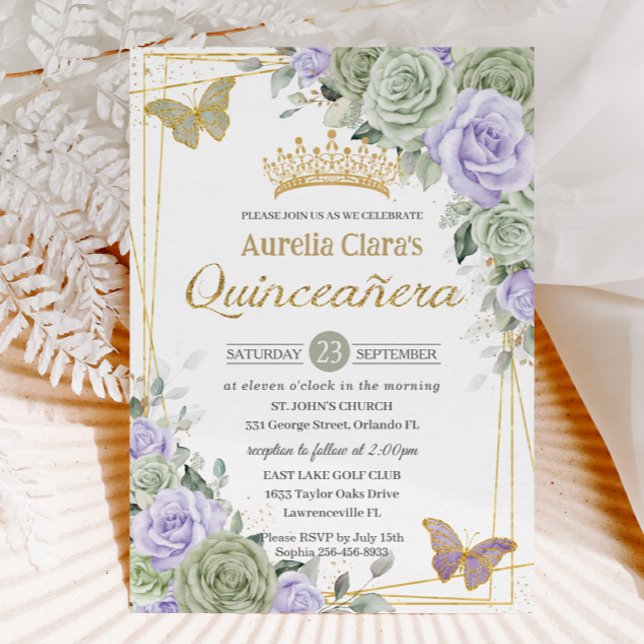 Sage Purple Floral Butterflies Gold Quinceanera Invitation (Creator Uploaded)
