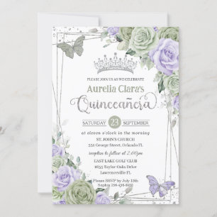 Sage Purple Floral Butterflies Silver Quinceanera Invitation
