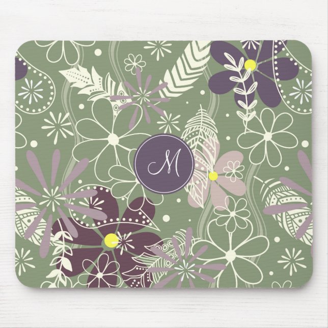 sage purple plum lilac feathers flowers pattern mouse pad (Front)