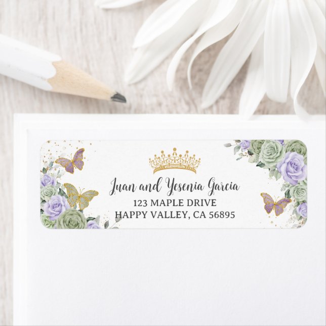 Sage Purple Rose Floral Quinceanera Return Address Label (Insitu)
