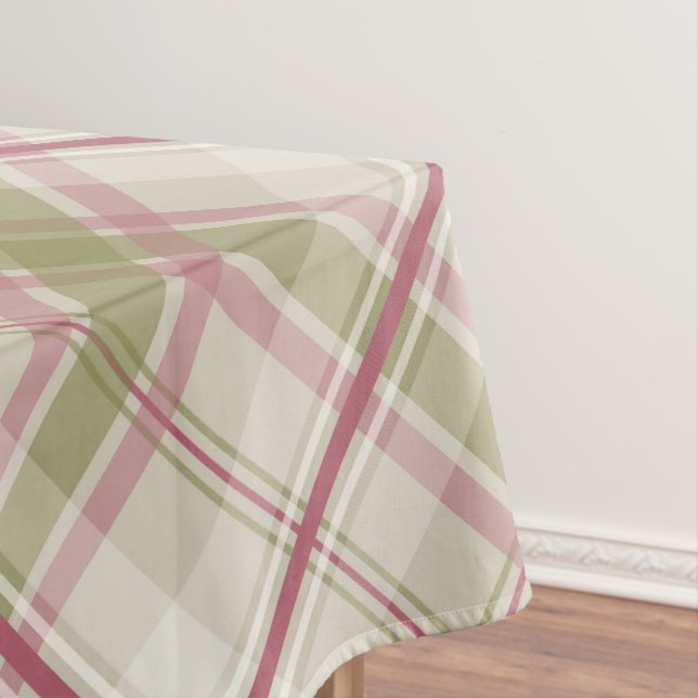 sage raspberry cream diagonal plaid pattern tablecloth (In Situ)