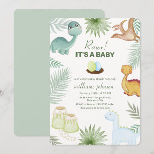 Sage Rawr Volcano Tropical Dinosaur Baby Shower Invitation