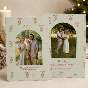 Sage Red Bow Greenery Family Photo Christmas Holiday Card