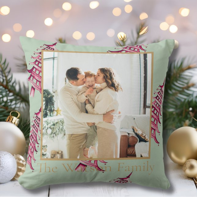 Sage red Pagoda Merry Christmas Tree 1-Photo  Cushion (Sage red Pagoda Merry Christmas Tree 1-Photo Throw Pillow)