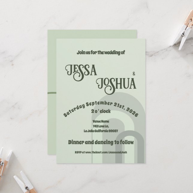 Sage Retro Funky Disco Wedding - Bold Modern Fun Invitation (Front/Back In Situ)