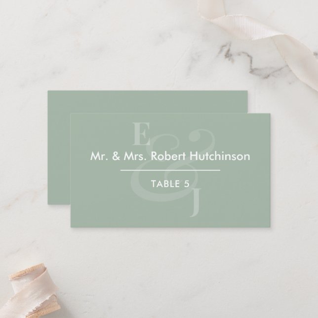 Sage Reverse Ampersand Wedding | Table Seating Place Card (Front/Back In Situ)