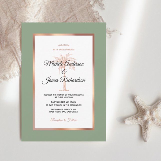 Sage Rose Gold Copper Palm Tree Beach Wedding Invitation (Creator Uploaded)