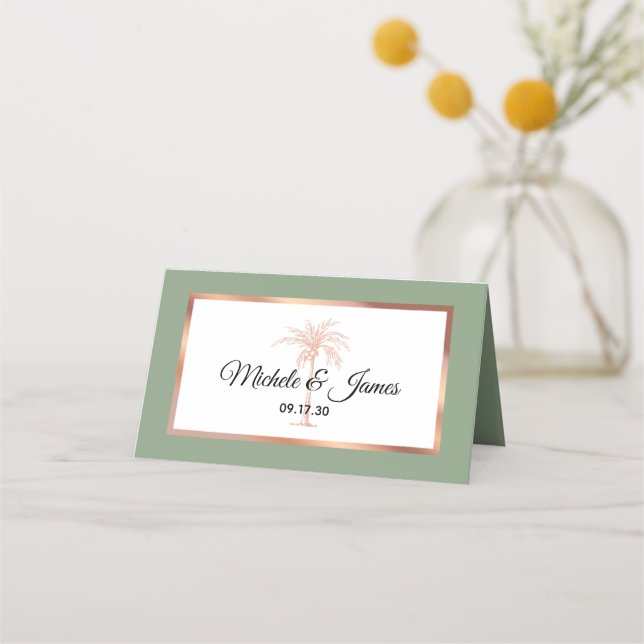 Sage Rose Gold Copper Palm Tree Modern Wedding Place Card (Front)