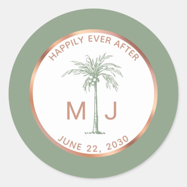 Sage Rose Gold Palm Tree Monogram Tropical Wedding Classic Round Sticker (Front)