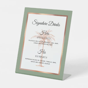 Sage Rose Gold Palm Tree Wedding Signature Drinks Pedestal Sign