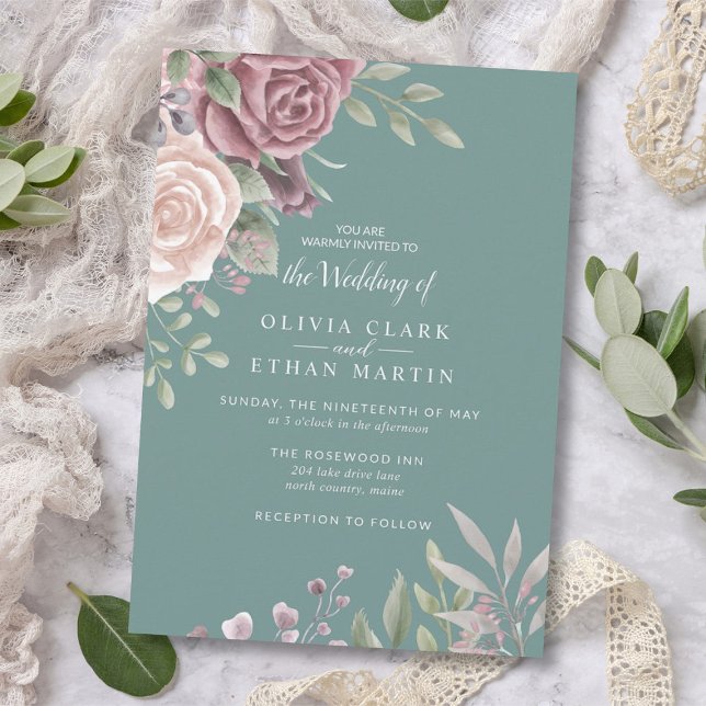 Sage Rustic Dusty Rose Watercolor Boho Flowers Invitation (Creator Uploaded)