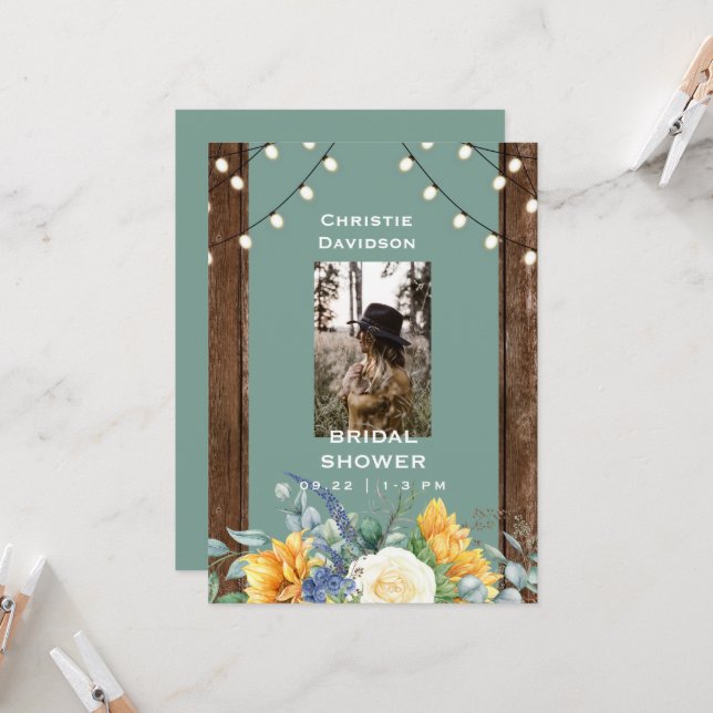 Sage Rustic Sunflower Photo Bridal Shower Invitation (Front/Back In Situ)