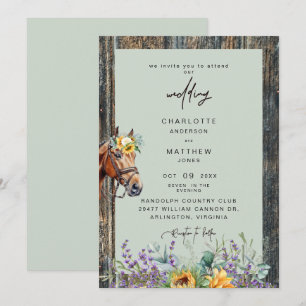 Sage Rustic Sunflowers Horse Wood Wedding  Invitation
