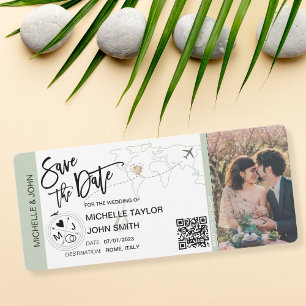 Sage Save the Date Boarding Pass World Map QR  Invitation