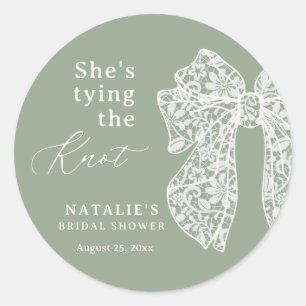 Sage Script Bow She's Tying the Knot Bridal Shower Classic Round Sticker