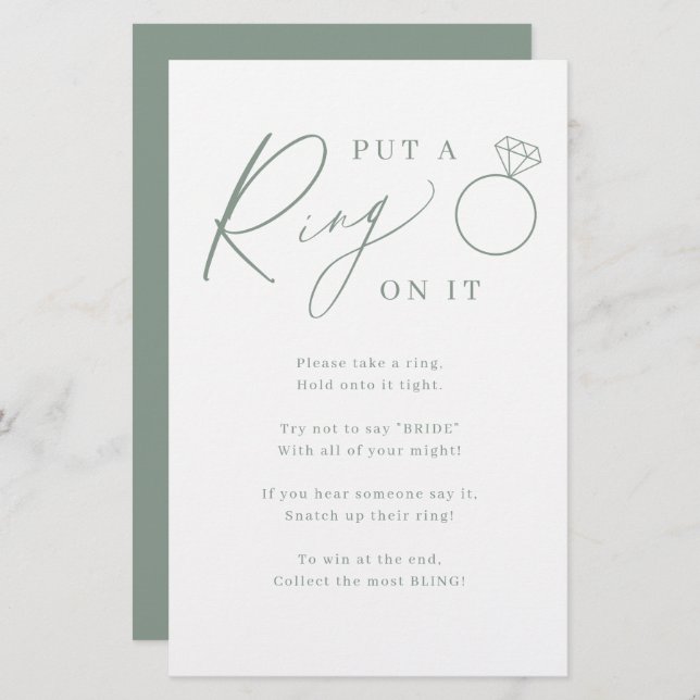 Sage script put a ring on it bridal shower game (Front/Back)