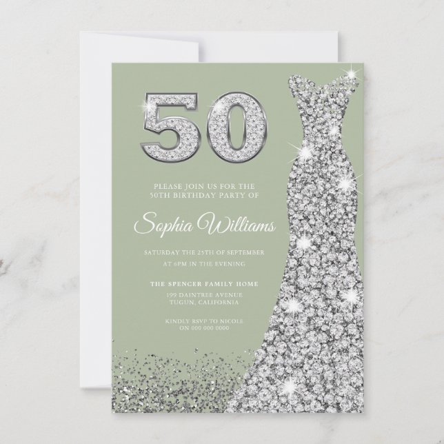 Sage & Silver Gown 50th Birthday Party Invitation (Front)