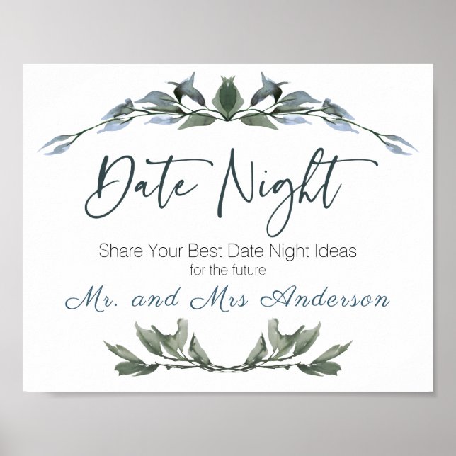 Sage Silver Green Floral Date Night Sign (Front)