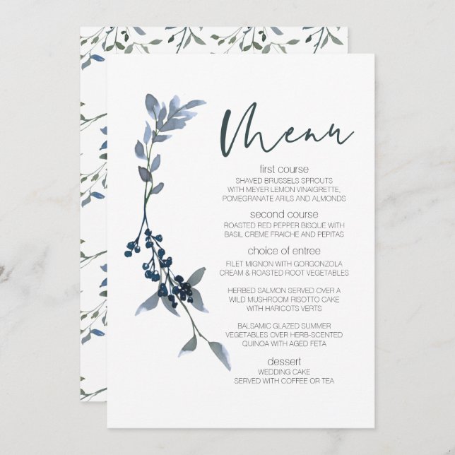 Sage Silver Green Floral Wedding Menu (Front/Back)