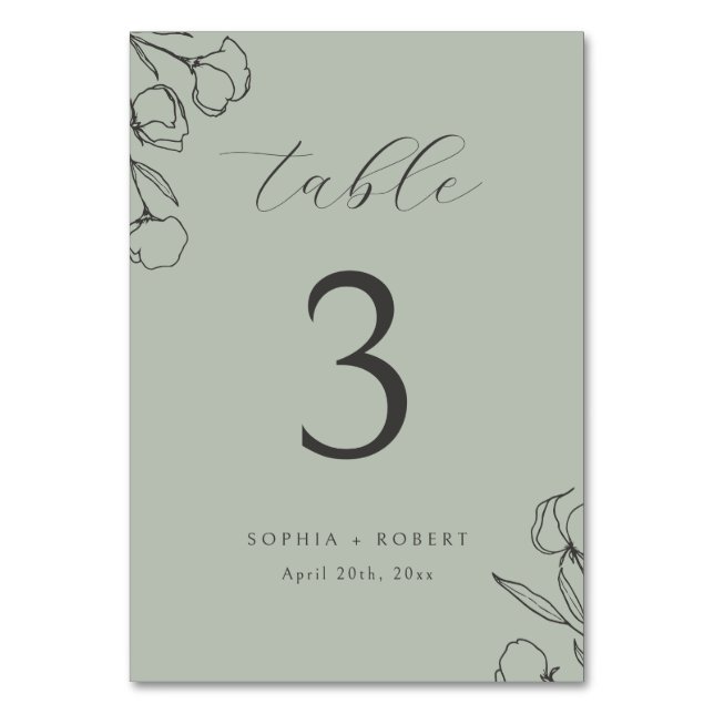 Sage | Simple Calligraphy Floral Wedding Table Number (Front)