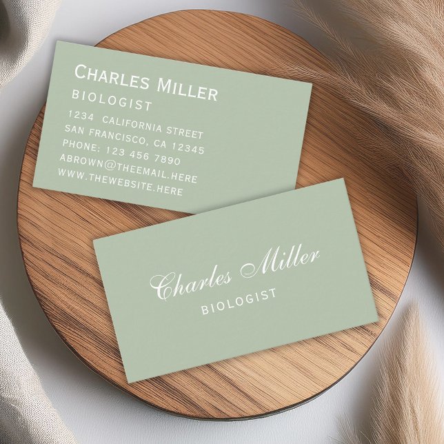  Sage Simple Modern Green White Elegant Script Business Card (Creator Uploaded)