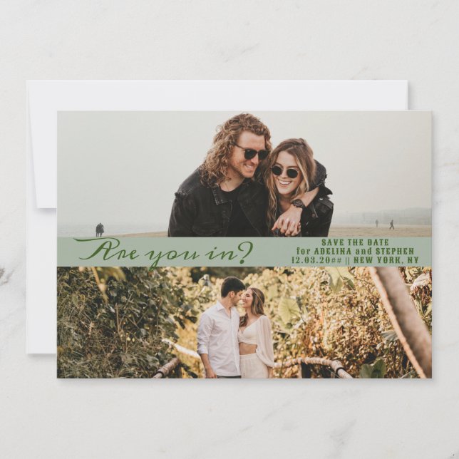 Sage Simple Script Two Photo Gallery QR CODE Save The Date (Front)