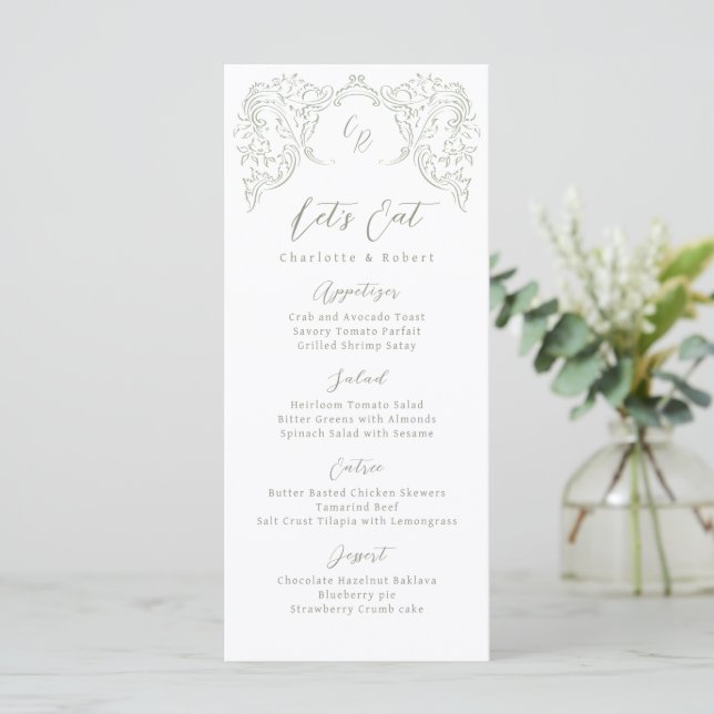 Sage Sketched Vintage Flourish Monogram Wedding Menu (Standing Front)