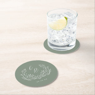 Sage Sketched Vintage Flourish Wedding Monogram Round Paper Coaster