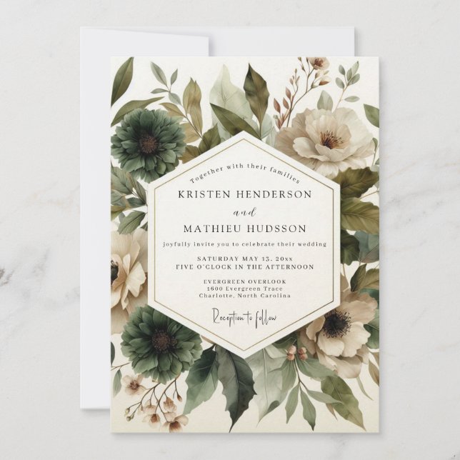 Sage Somber Flora Wedding Invitation (Front)