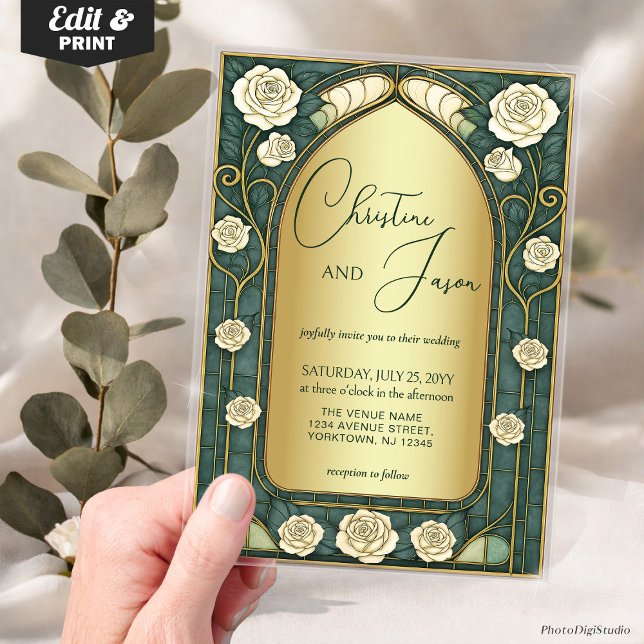 Sage Stained Glass Floral Art Nouveau Wedding  Acrylic Invitations (Custom Sage Stained Glass Floral Art Nouveau Wedding Acrylic Invitations)