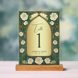 Sage Stained Glass Floral Wedding Table Number Acrylic Sign