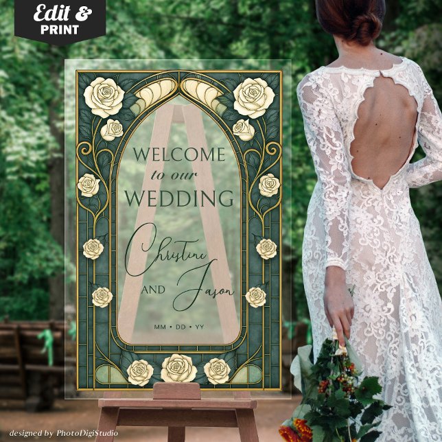 Sage Stained Glass Floral Wedding Welcome  Acrylic Sign (Sage Stained Glass Floral Wedding Welcome Acrylic Art Nouveau Sign Frosted Look Sign)