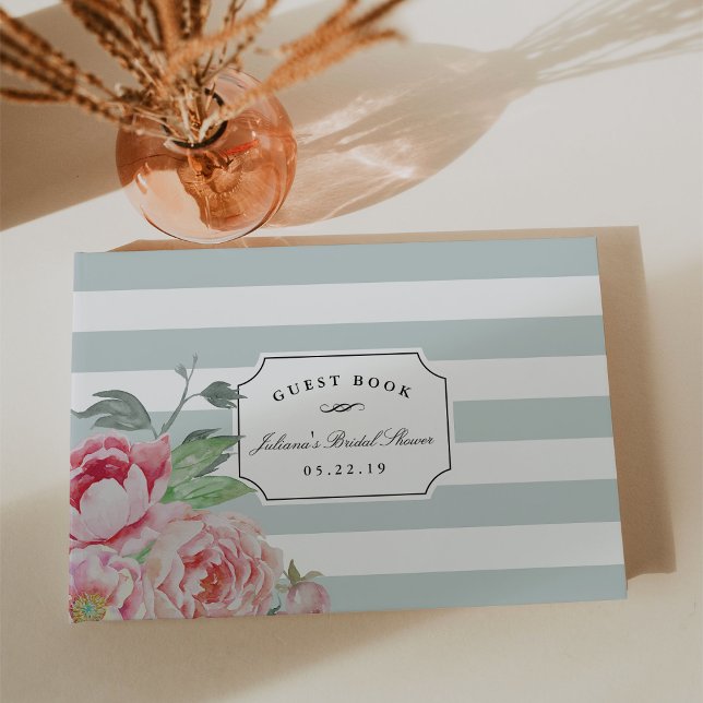 Sage Stripe & Antique Blush Peony Bridal Shower Guest Book (Creator Uploaded)