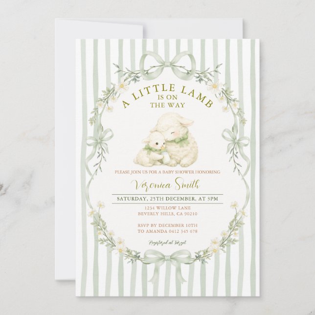 Sage Stripe Little Lamb Baby Shower Invitation (Front)