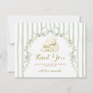 Sage Stripe Little Lamb Bow Baby Shower Floral Thank You Card