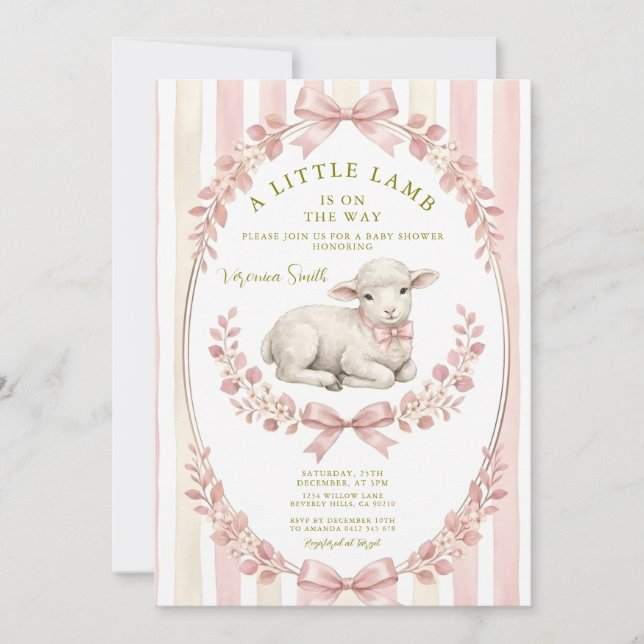 Sage Stripe Little watercolor Lamb Baby Shower Invitation (Front)