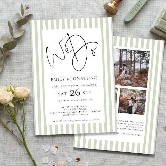 Sage Stripe We Do 3 Photos QR Code Wedding  Invitation (front and back view)