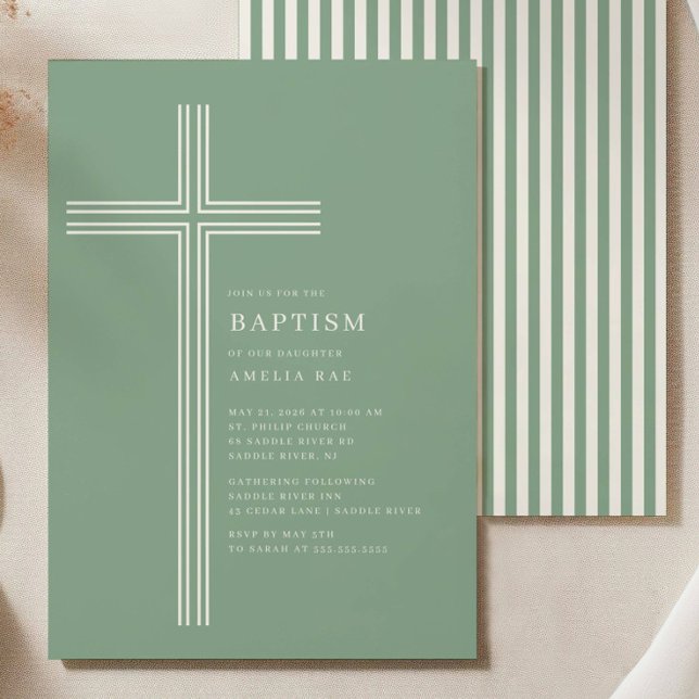 Sage Striped Cross Baptism Invitation  (Creator Uploaded)