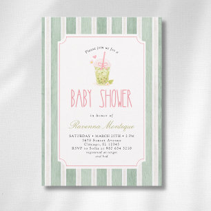 Sage Striped Matcha Bubble Tea Girl Baby Shower Invitation