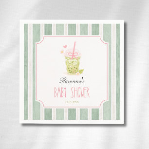 Sage Striped Matcha Bubble Tea Girl Baby Shower Napkin