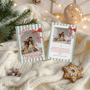Sage Striped Red Bow Christmas Photo Card