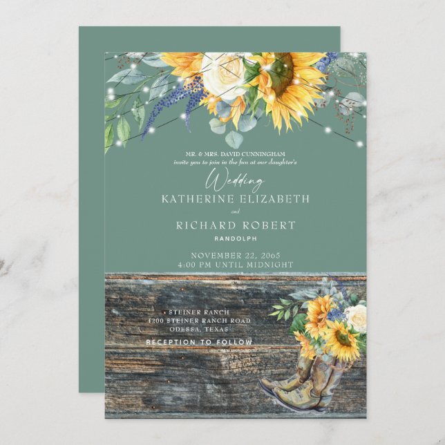 Sage Sunflower Rustic Wood Boots Lights  Invitation (Front/Back)