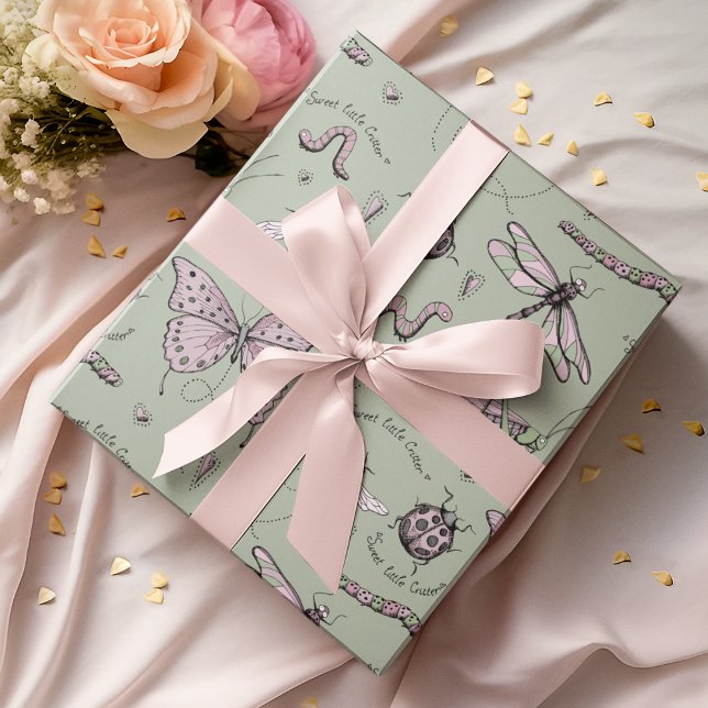 Sage Sweet Little Critter Feminine Blush Pink  Wrapping Paper (An adorable, feminine yet whimsical Insect Wrapping Paper pattern for baby girls or mothers-to-be :))